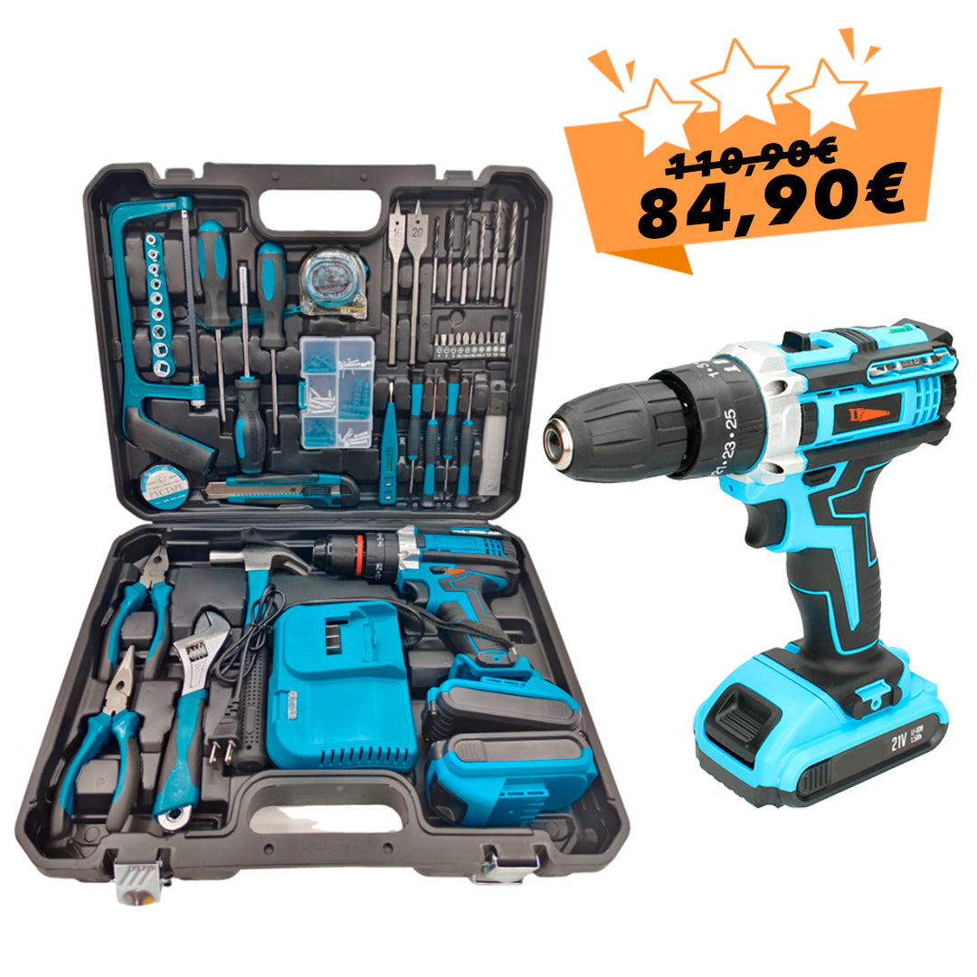 Taladro Percutor + Maletín 44 Pcs | Incluida 1 batería y cargador | Trassierra Tools